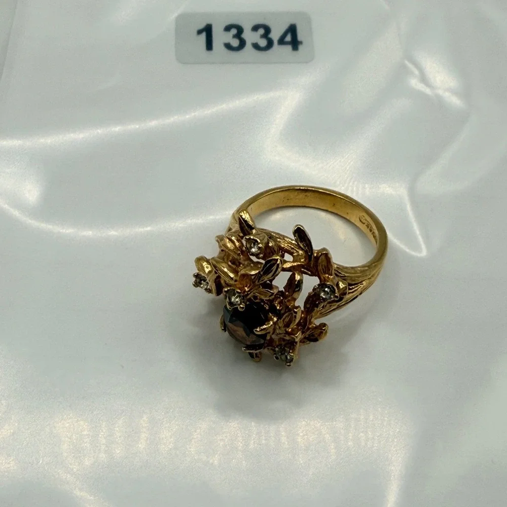 Vintage Gold Electroplated Smoky Topaz Glass Floral Ring Size 6 18K GHE